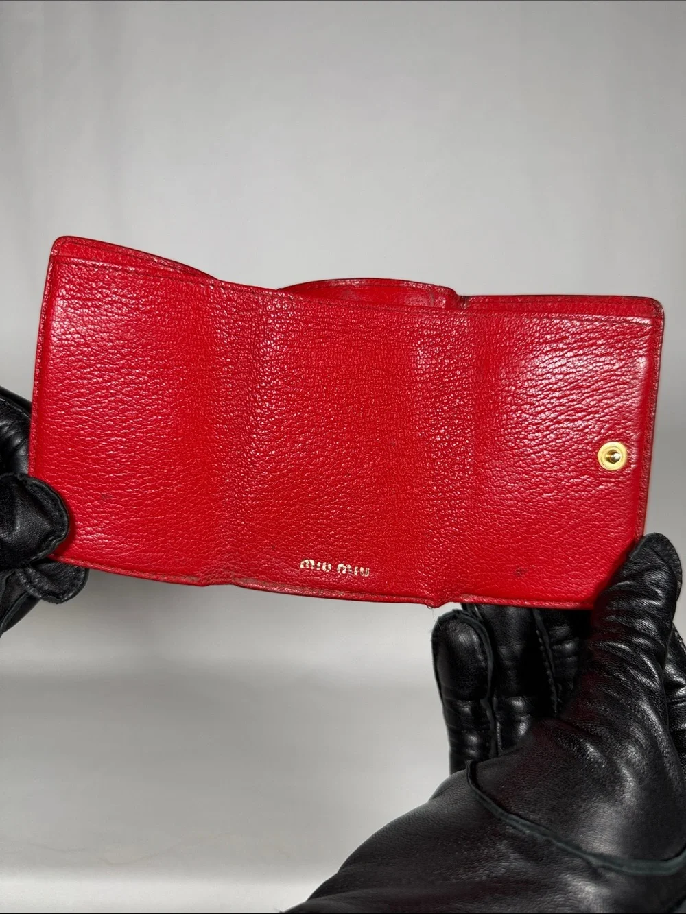 Authentic Miu Miu Madras Love Black Goatskin Leather Trifold Wallet